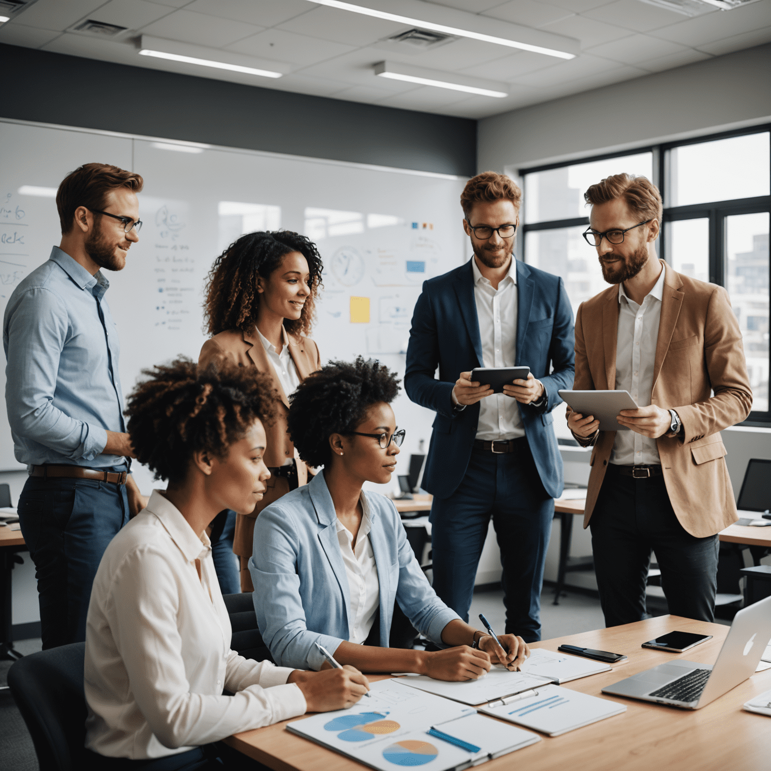 A diverse group of professionals collaborating in a modern office space, using digital tools and whiteboards to manage their time effectively