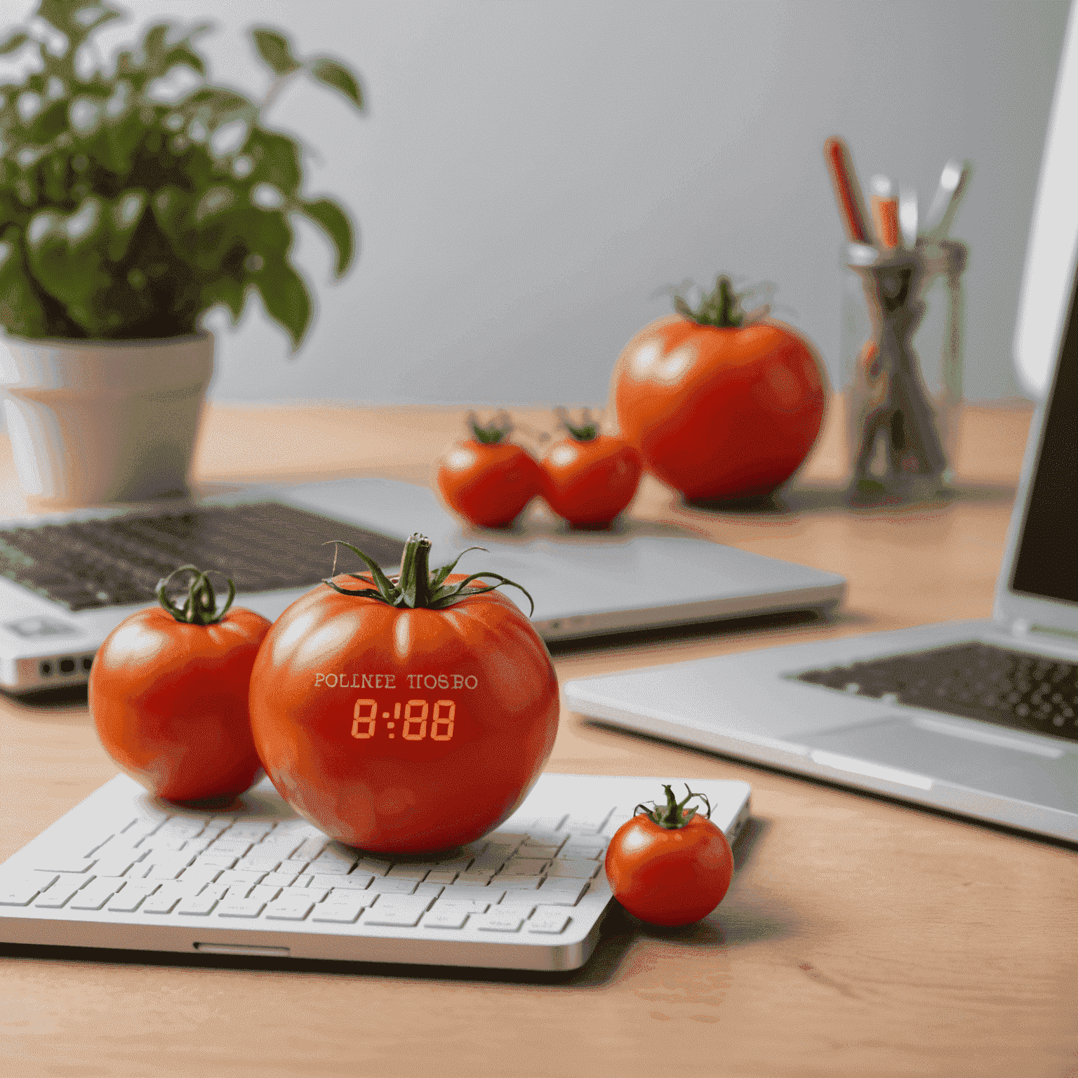 A tomato-shaped timer next to a laptop, symbolizing the Pomodoro Technique with a person working in the background