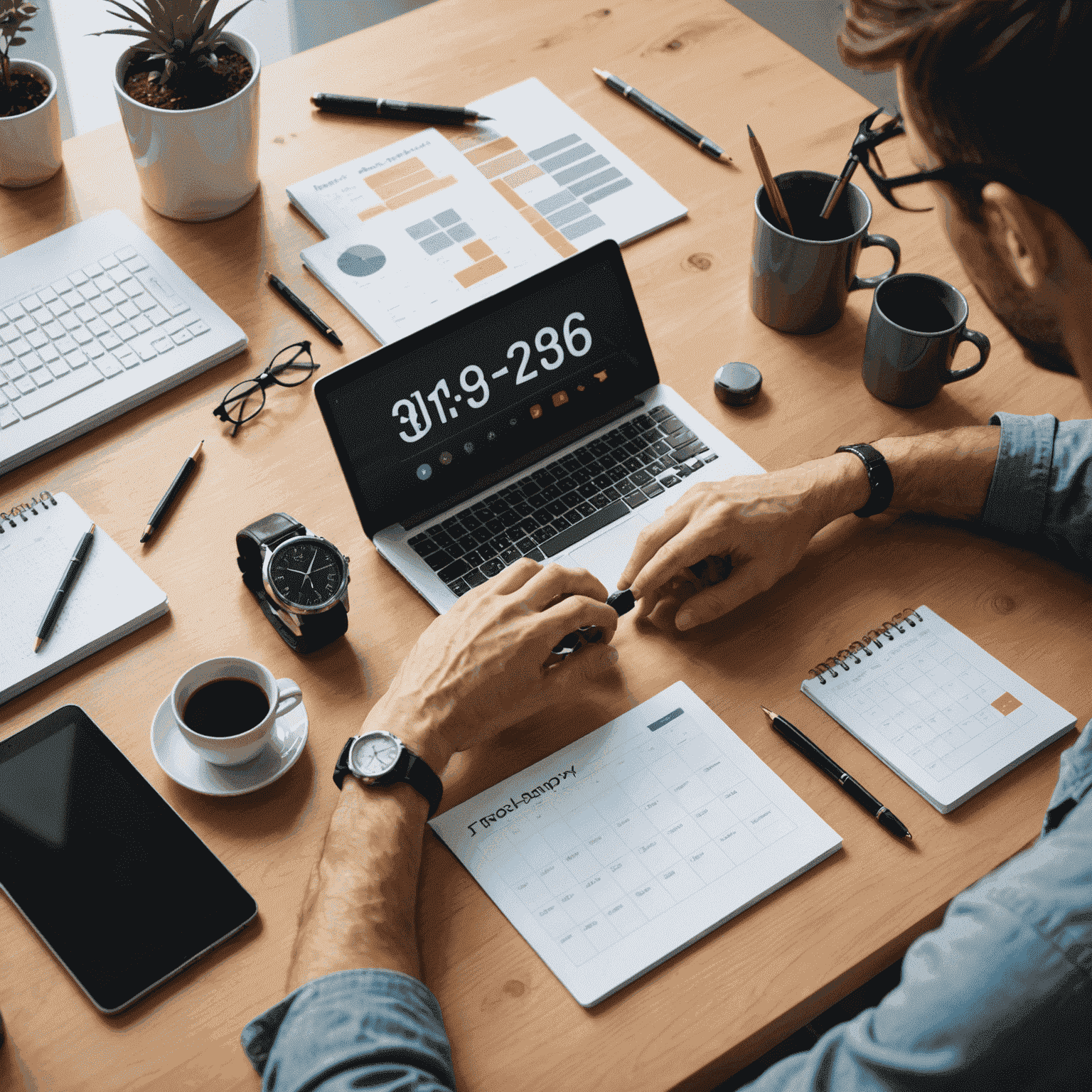 A person using a timer while working at a desk, surrounded by productivity tools and a calendar showing time blocks