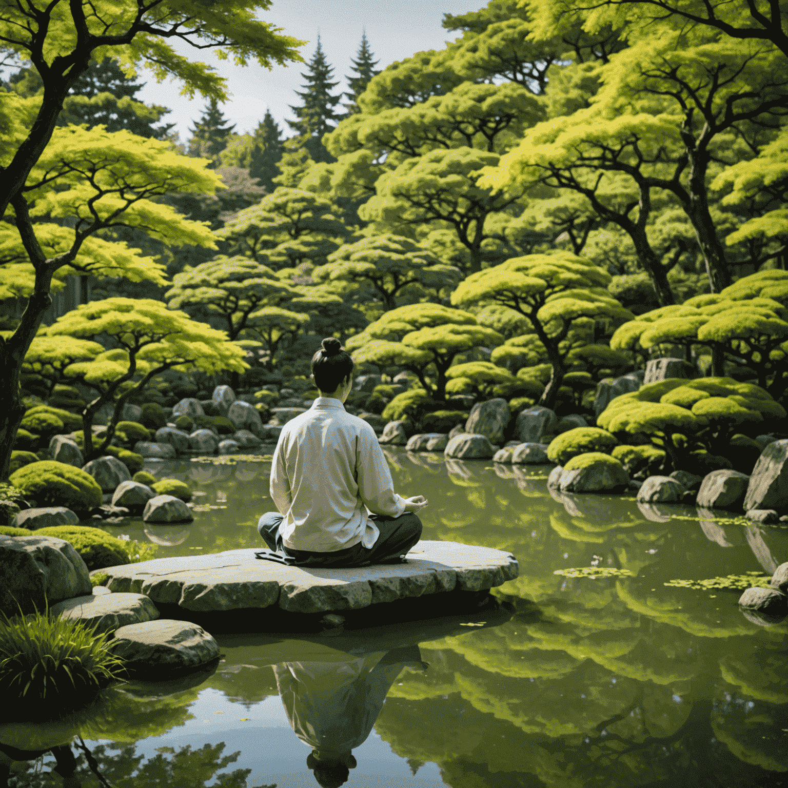 A serene Japanese garden with a person meditating, symbolizing the calm and focused approach of Kaizen