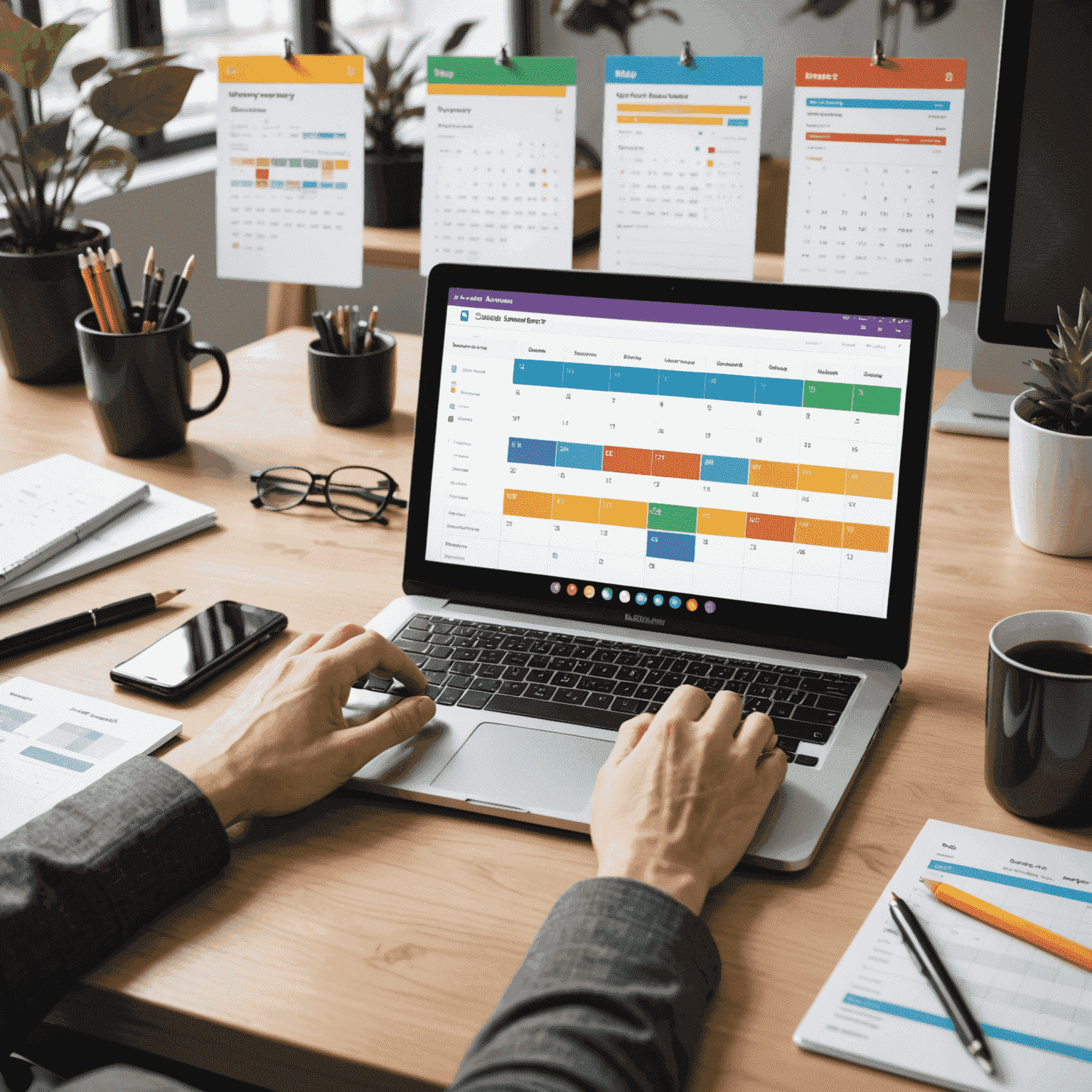 A person efficiently managing their schedule using a digital calendar, surrounded by productivity tools and a clean, organized workspace. The image showcases various time blocks color-coded for different tasks.