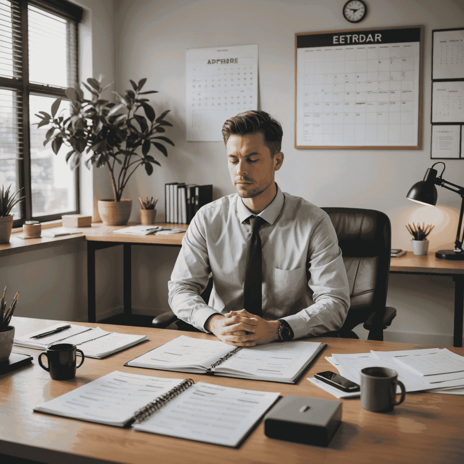 A person meditating in a peaceful office environment, surrounded by a well-organized desk with a calendar, clock, and neatly arranged documents. The image conveys a sense of calm and focus.