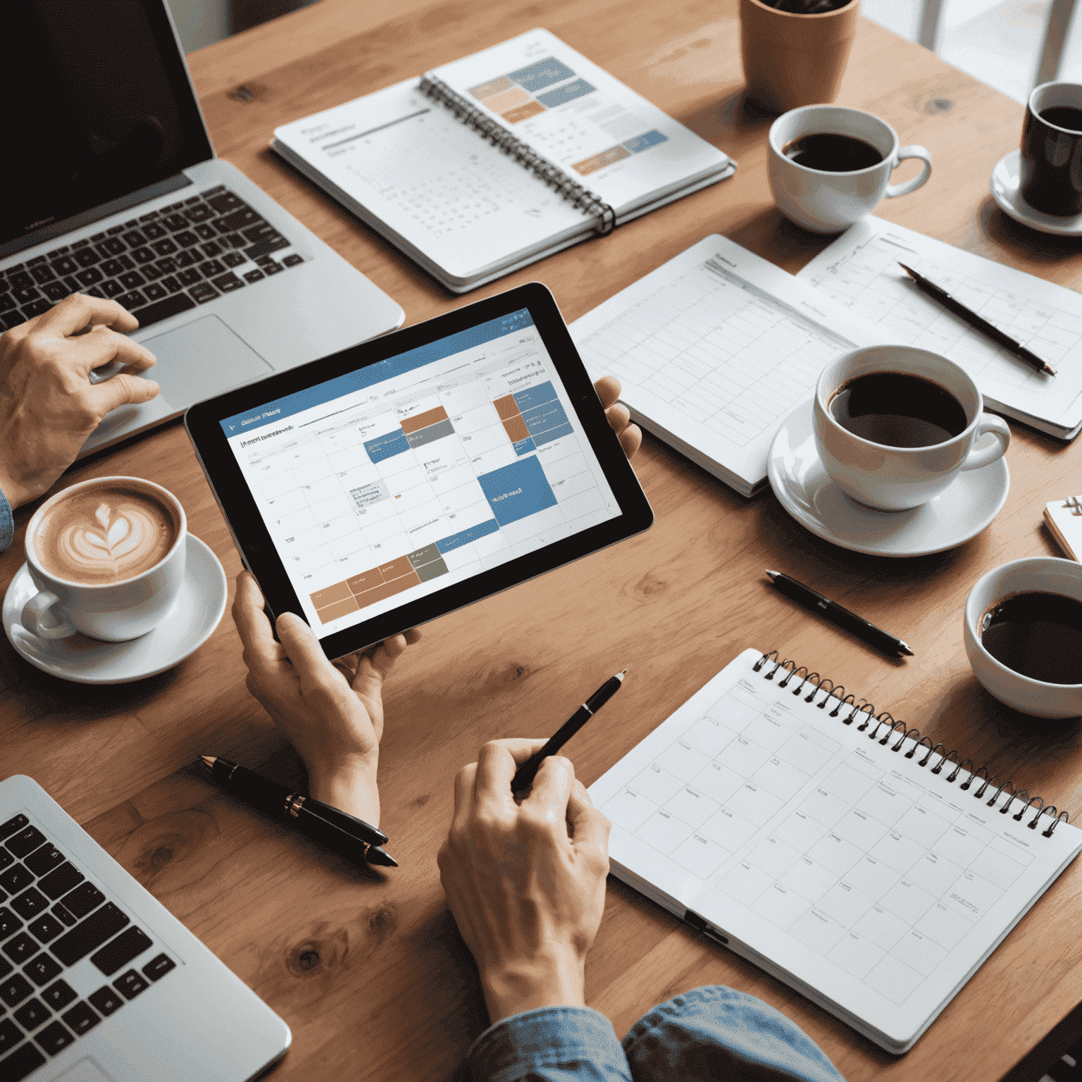 A person confidently planning their schedule using a digital tablet, surrounded by productivity tools and a calendar showing efficient time blocking