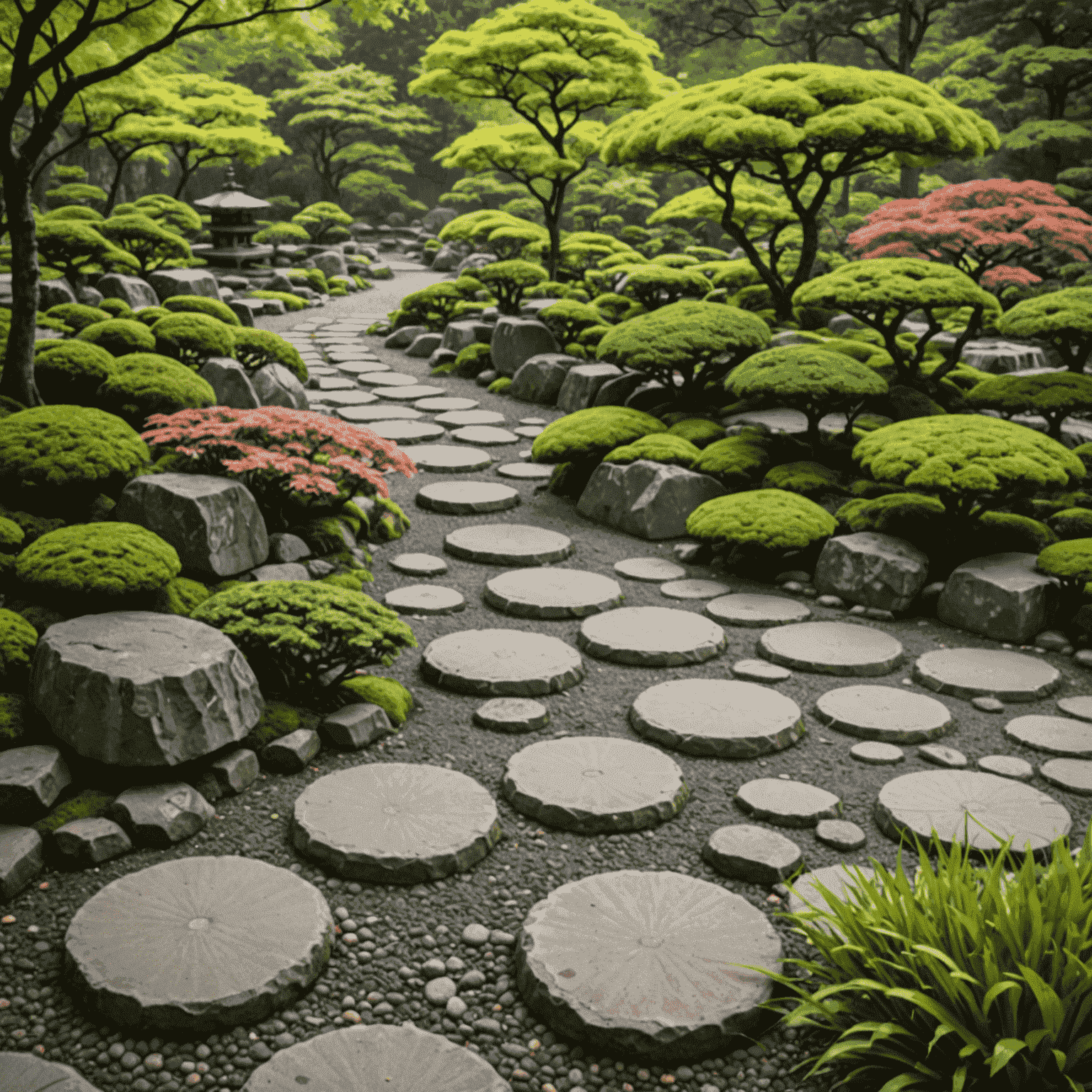 A Japanese garden with stepping stones, each stone representing a small improvement in time management