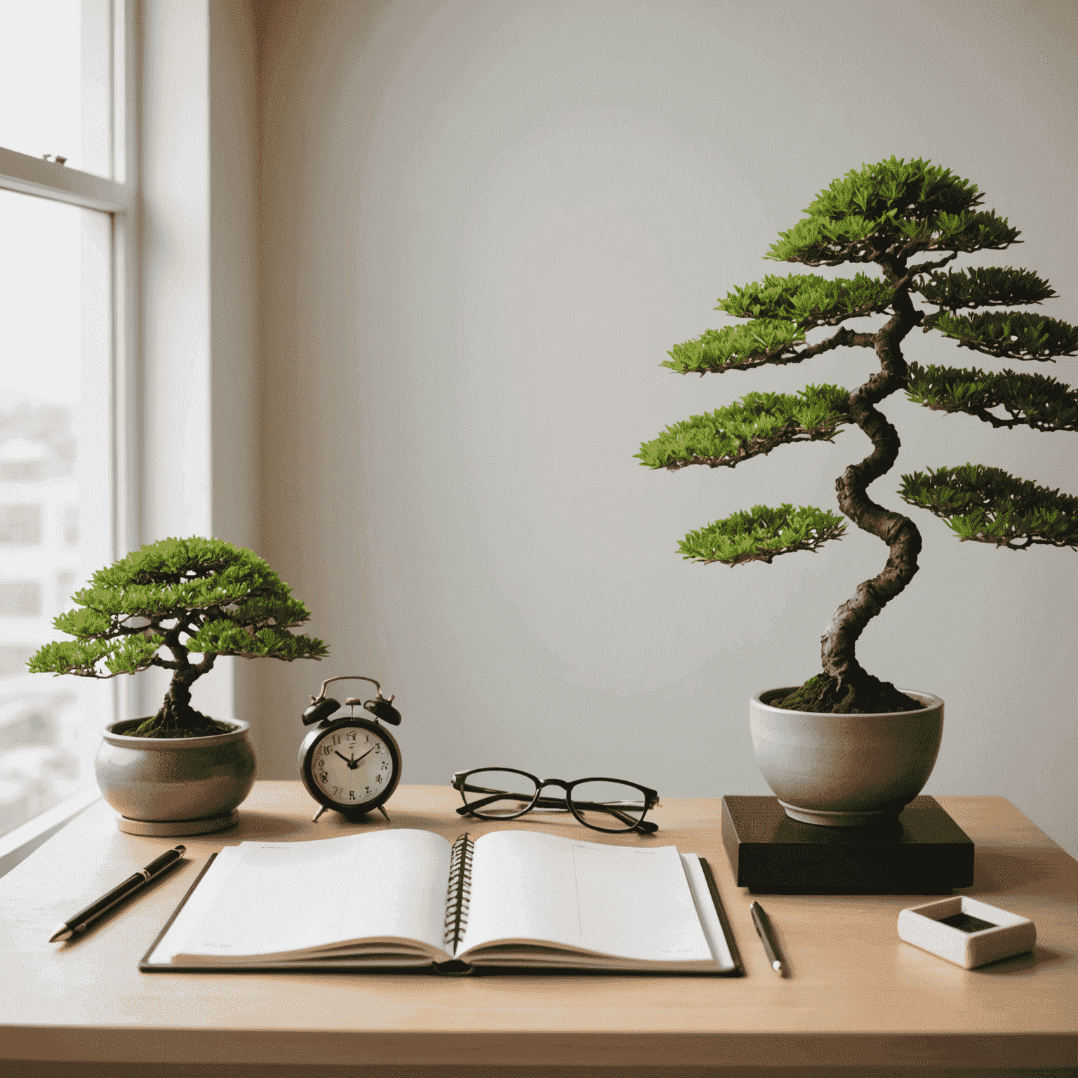 A minimalist Japanese-style workspace with a clock, planner, and bonsai tree, representing the balance of time management and tranquility