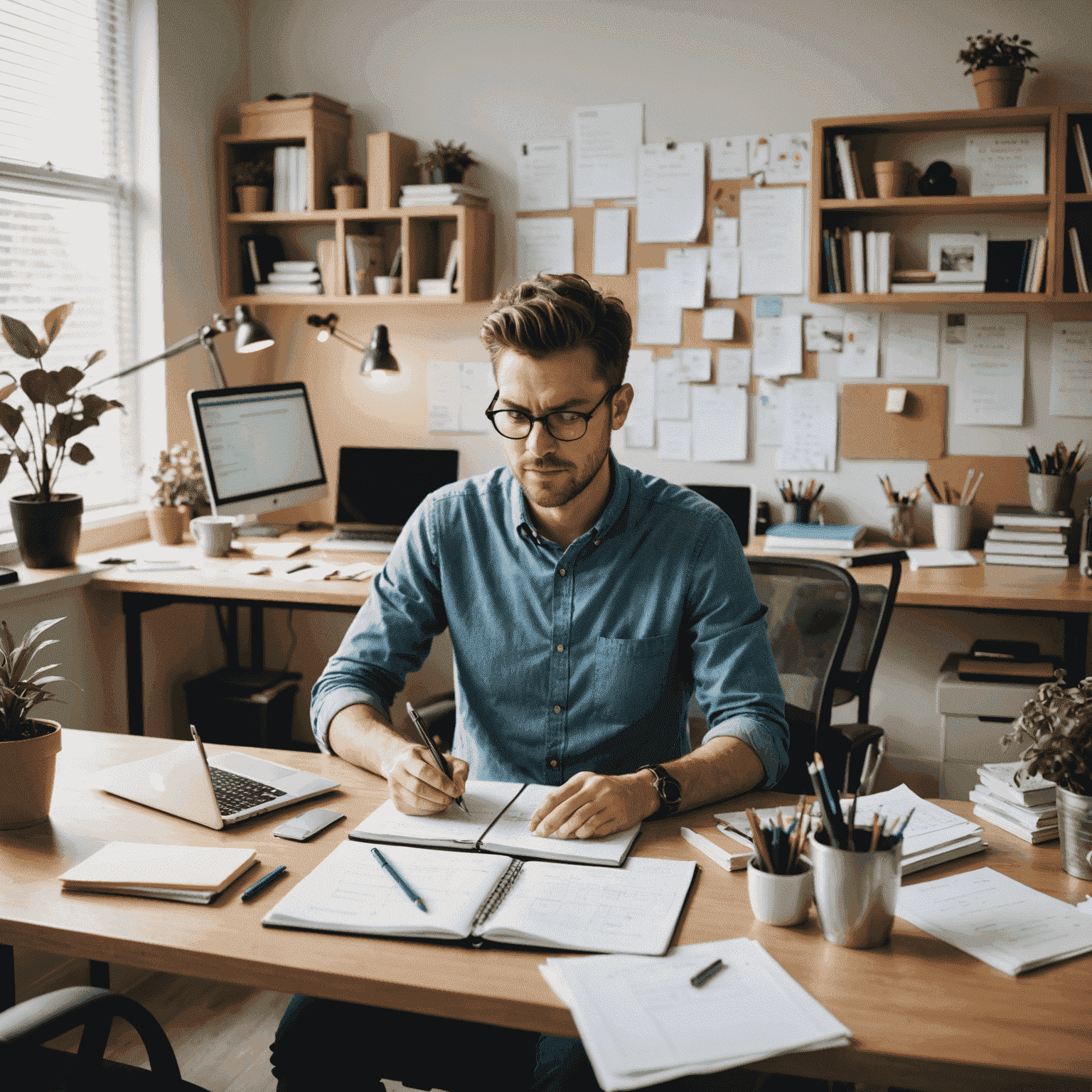 A split-screen image: on one side, a chaotic, cluttered desk with a stressed person; on the other, a serene, organized workspace with a calm, focused individual practicing mindful time management techniques.