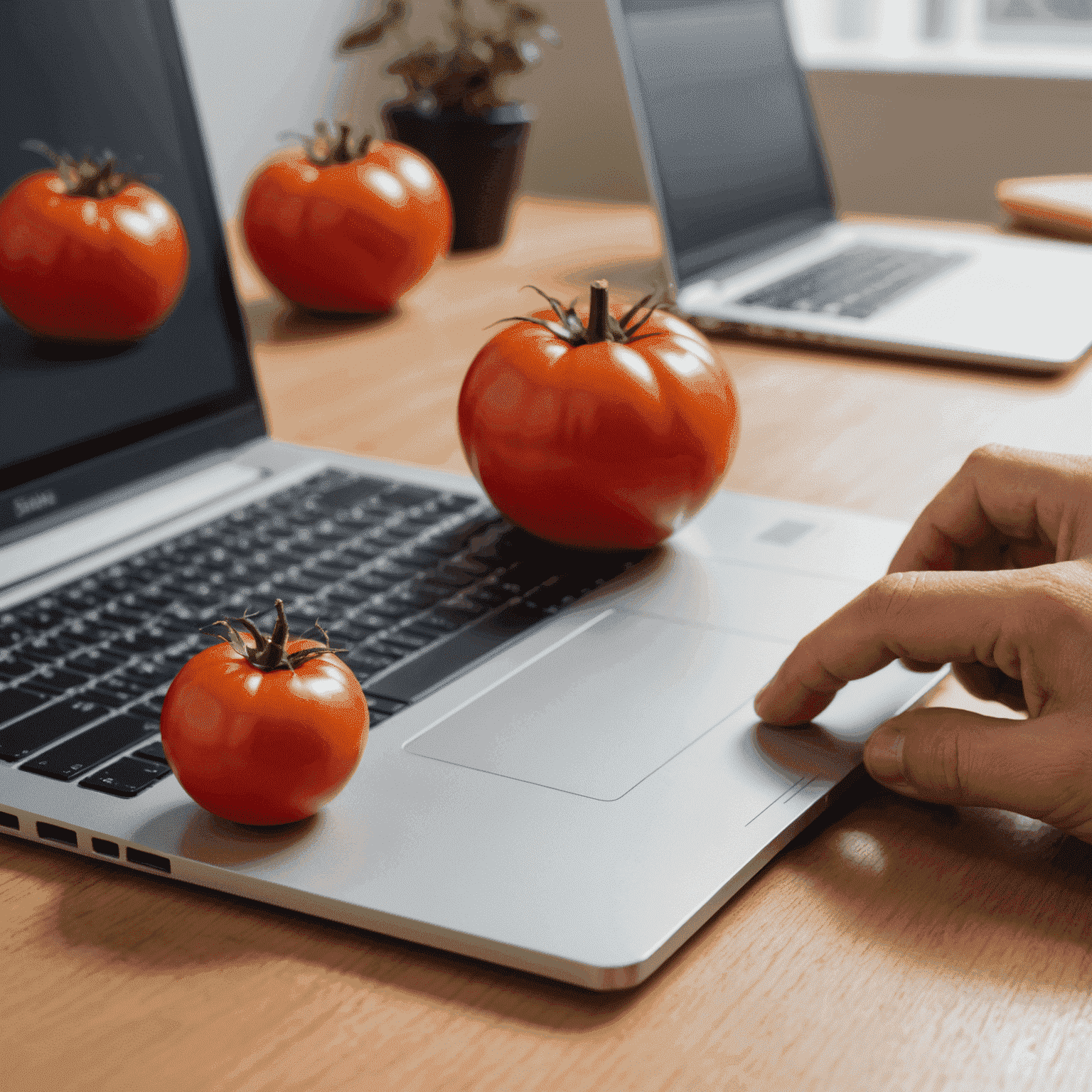 A tomato-shaped timer next to a laptop, symbolizing the Pomodoro Technique with a person working in the background