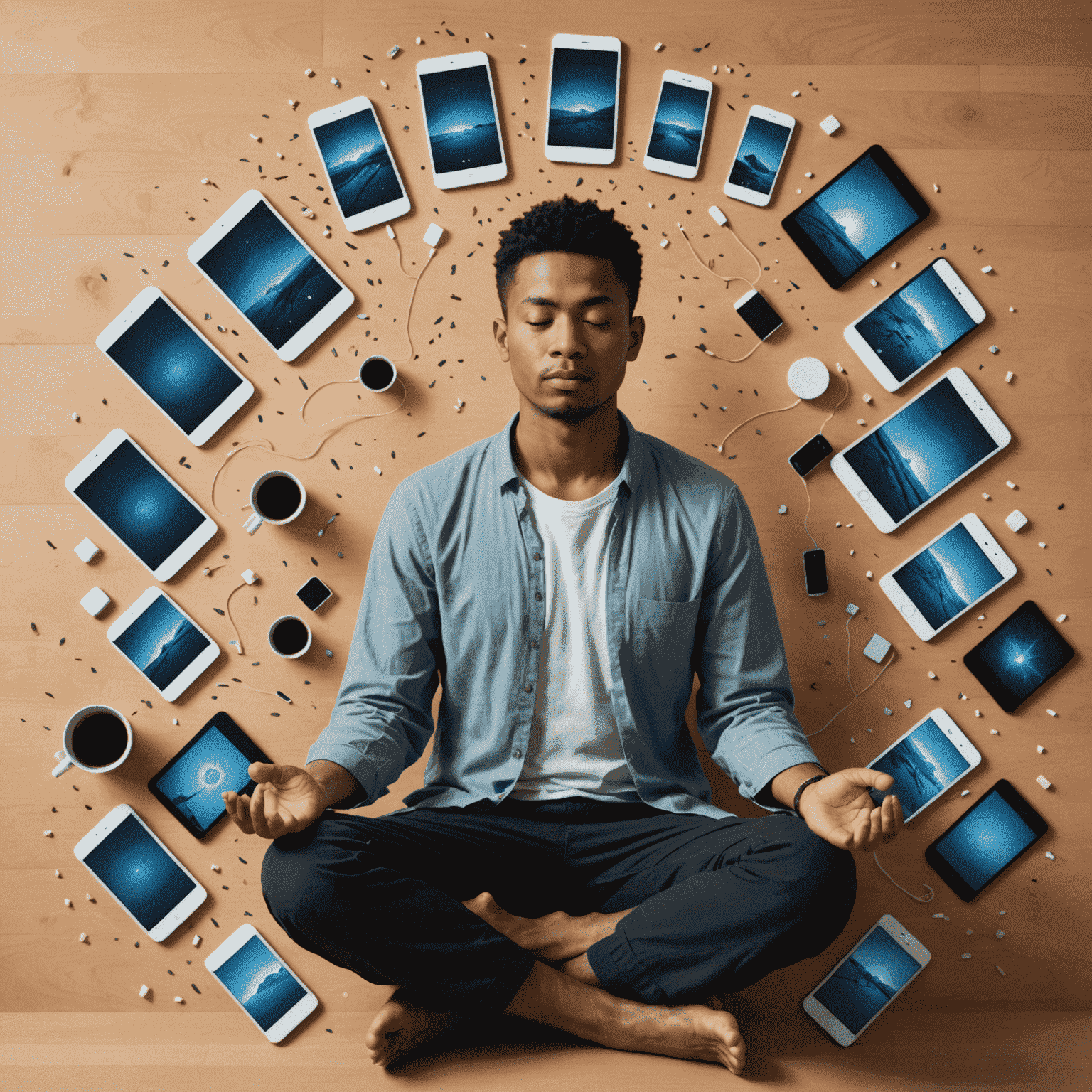 A person meditating peacefully with turned-off digital devices scattered around