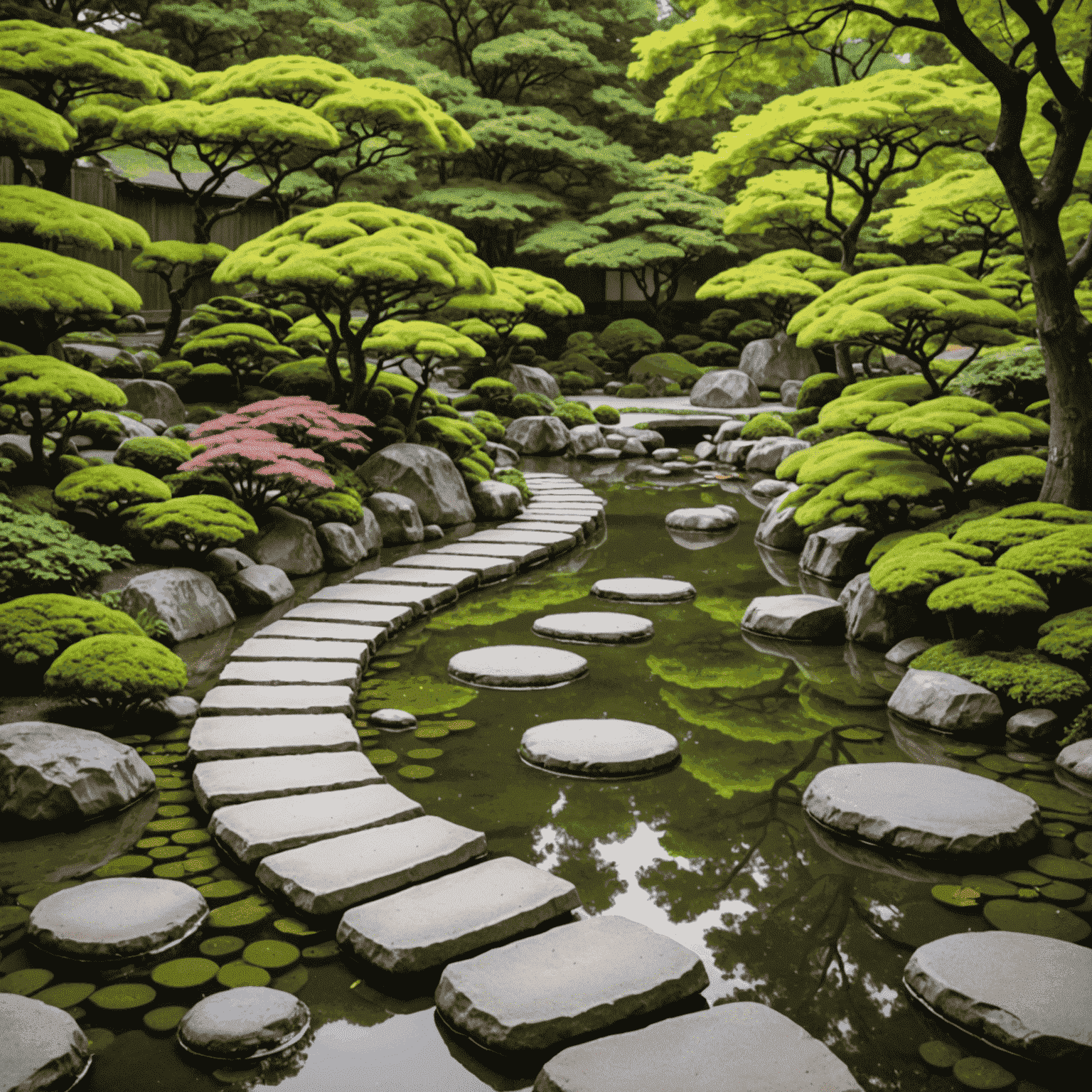 A Japanese garden with stepping stones, each stone representing a small improvement in time management