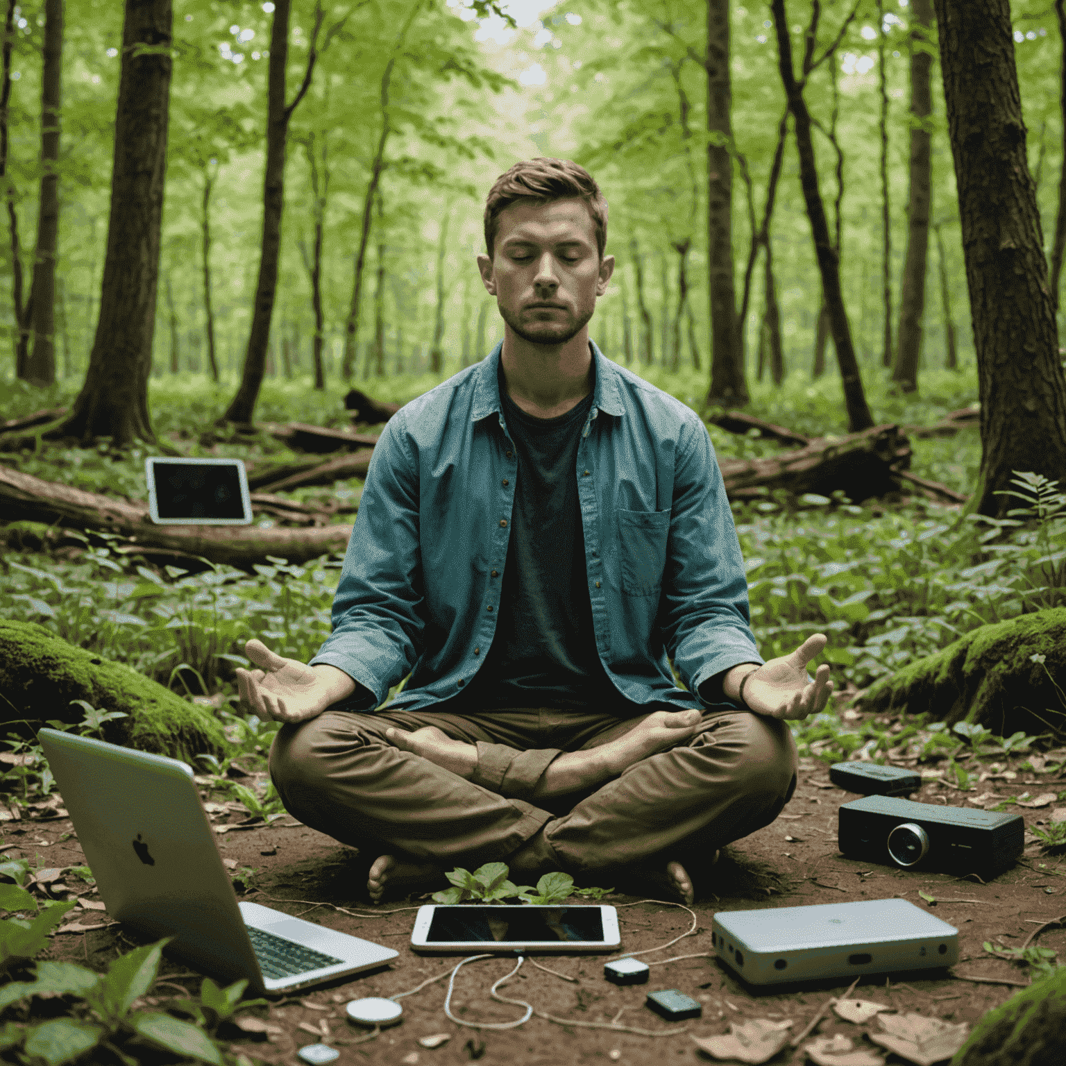 A person meditating in nature, with discarded digital devices in the foreground