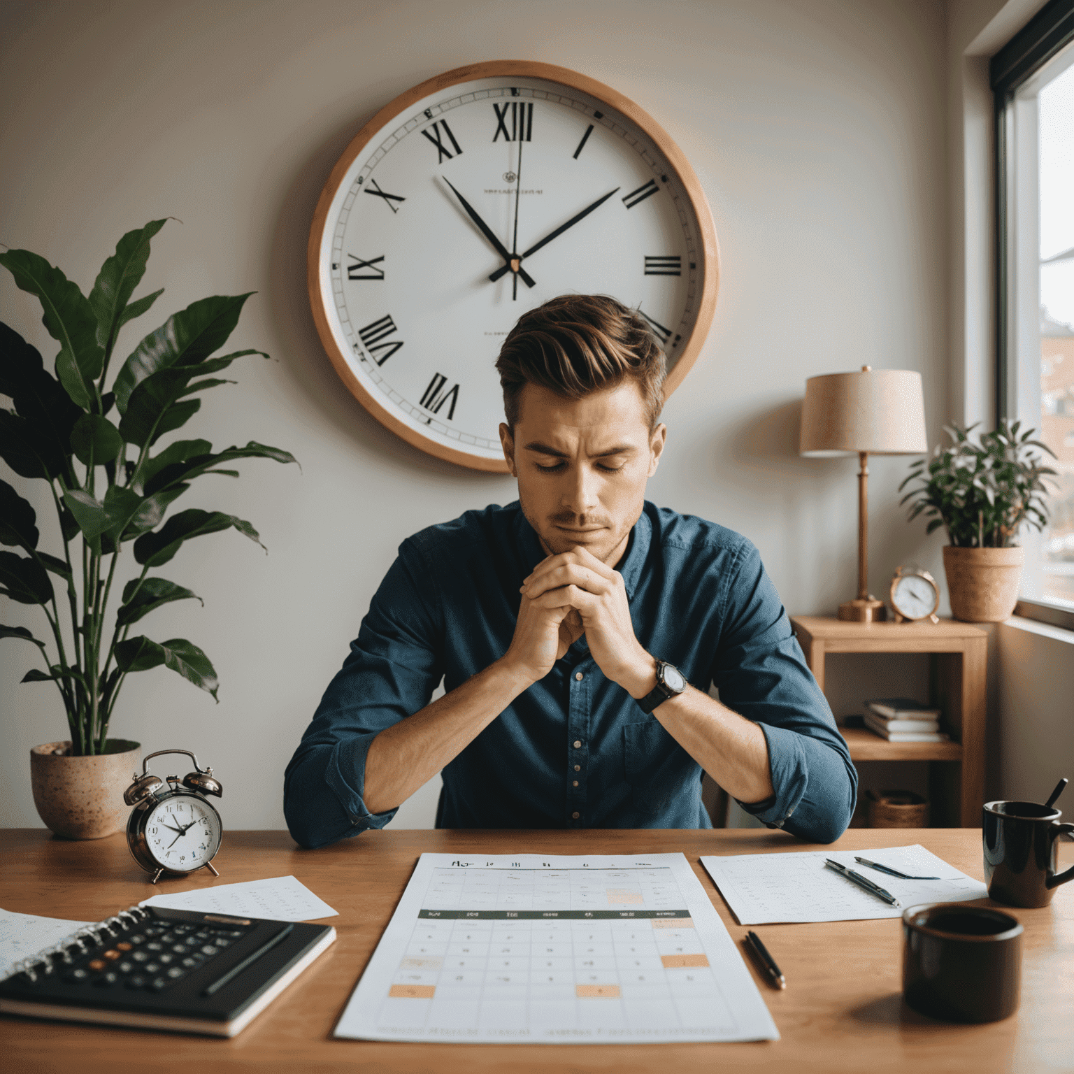 A person practicing mindfulness with a clock and calendar in the background, symbolizing the connection between present awareness and time management